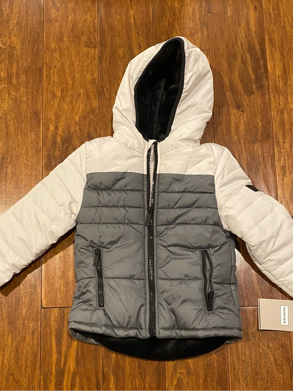 Hunter Kids Two-Tone Hooded Puffer Jacket - Gray & White